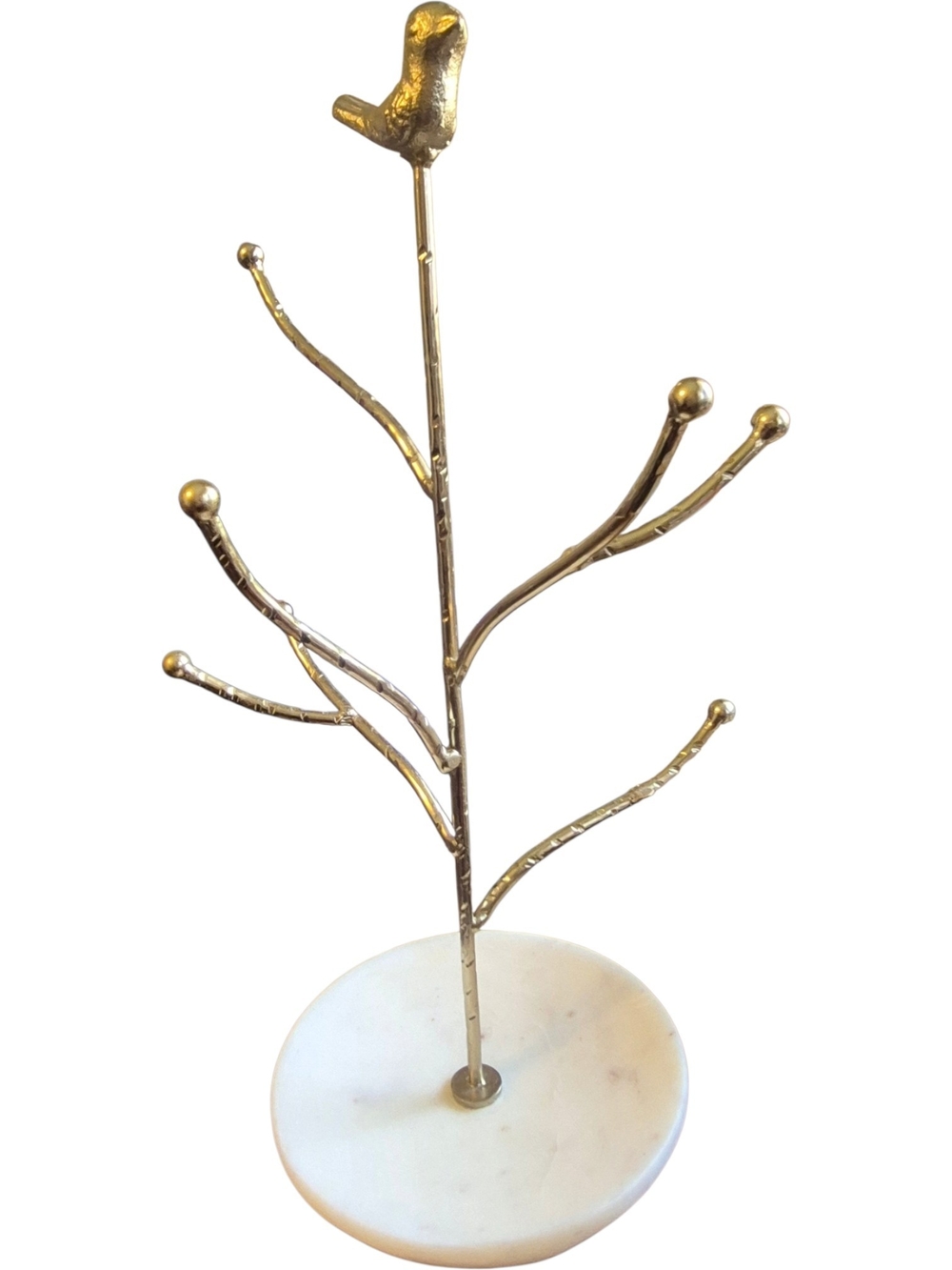 Brass Colored Bird Branch Jewelry Tree on White Marble Base